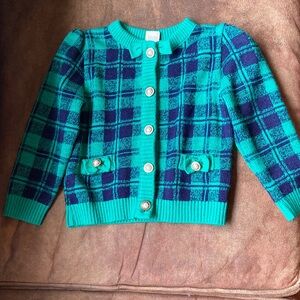 Vintage Plaid Cardigan Sweater Green and Navy Christmas Holiday